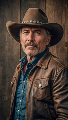 Obraz premium Man in cowboy hat and leather jacket, exuding Western charm