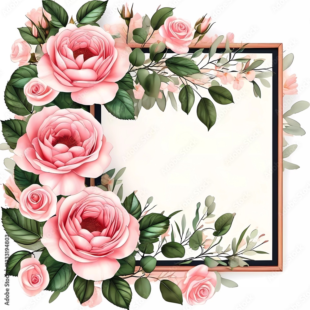 Poster delicate pink roses are artistically arranged around a blank space, creating a stunning backdrop per