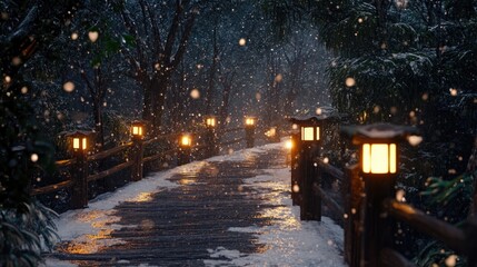Fototapeta premium A snowy wooden pathway leads through illuminated winter landscape