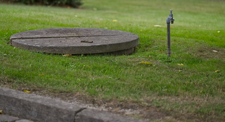 Manhole Cover and Water Faucet in a Grassy Area