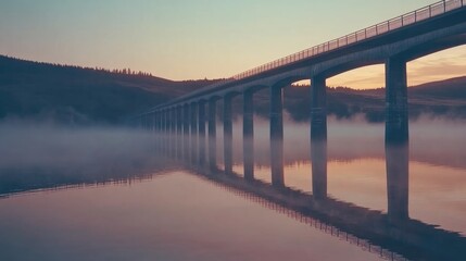 Fototapeta premium A long concrete bridge spans over a misty body of water