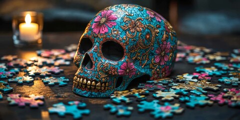 Decorated skull resting on jigsaw puzzle pieces with lit candle