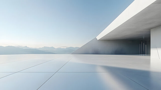 3d render of abstract modern concrete white architecture with empty cement floor, minimal exterior, car presentation background