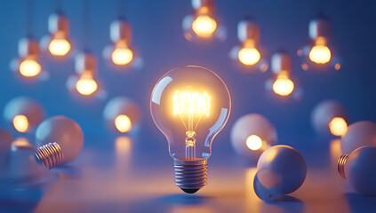A single lightbulb glowing and rising above other bulbs on a blue backdrop, representing unique, creative thinking and innovation through rendering.