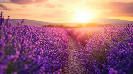 Fototapeta premium A beautiful field of lavender flowers at sunset hour