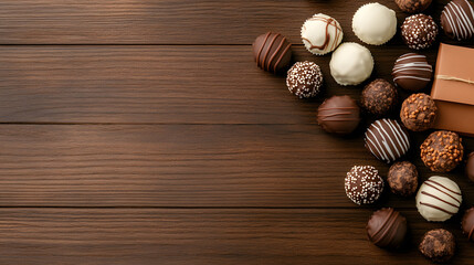 Assorted Chocolate Truffles on Dark Wooden Table with Gift Box