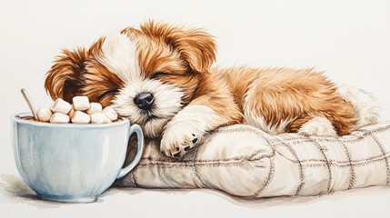 Watercolor fluffy puppy illustration cute baby dog resting cozy cushion with hot cocoa marshmallows warm soft pastel tones adorable pet animal art hand painted digital artwork charming nursery decor