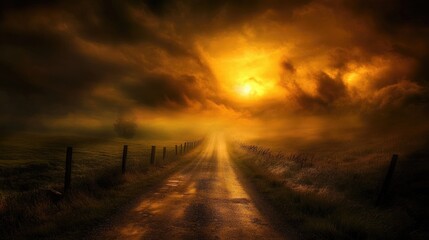 Fototapeta premium A long dirt road leads to a bright light in the sky