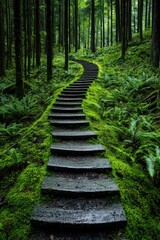 A nature wallpaper with a winding forest path covered in moss and surrounded by ferns,