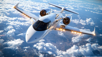 sleek white aircraft soaring above clouds, twin engines humming with power and elegance