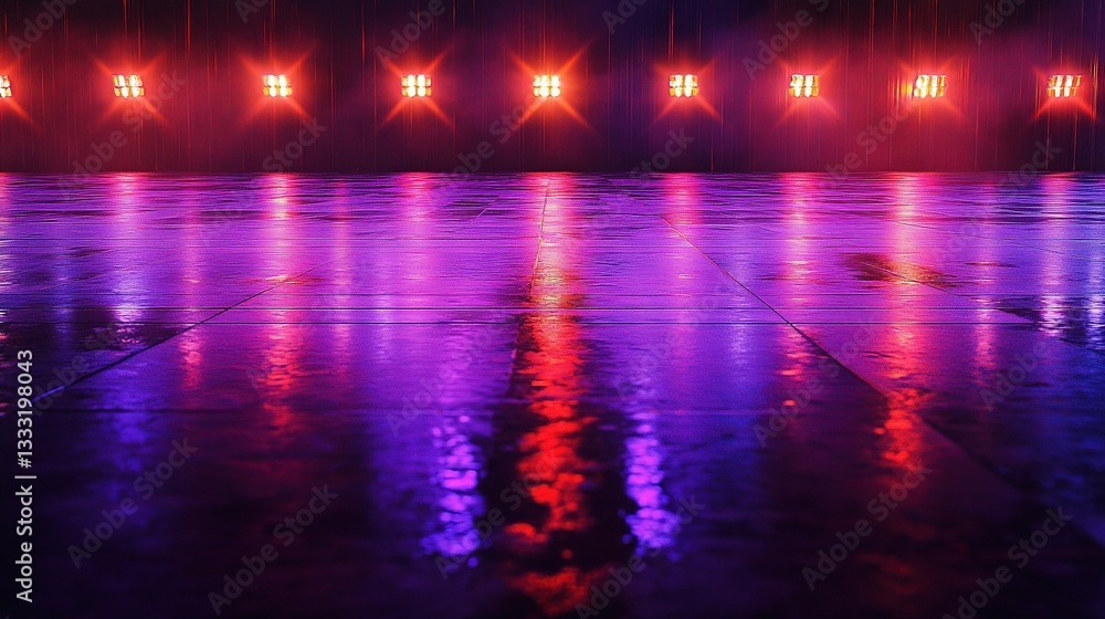 Poster illuminated neon stage with reflections in an empty setting