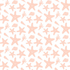 Seamless Pattern with Hand-Drawn Seashells, Sea Star. Sea creatures background, vector, pastel colors