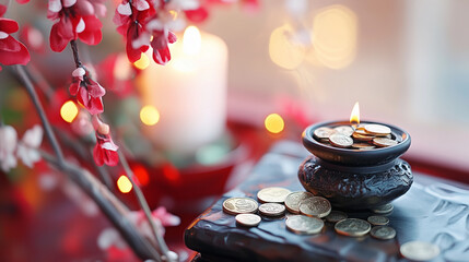 Chinese New Year Decorations with Coins and Antique Wealth Symbols
