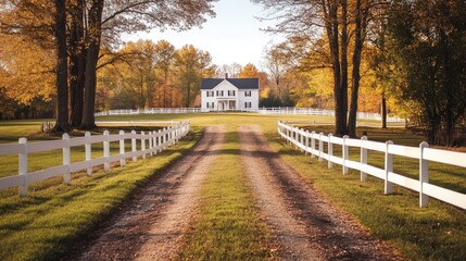 A white house stands at the end of a long driveway