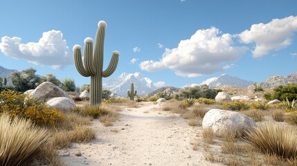 Cactus Desert Landscape with Rocky Pathway under Clear Blue Sky and Fluffy White Clouds