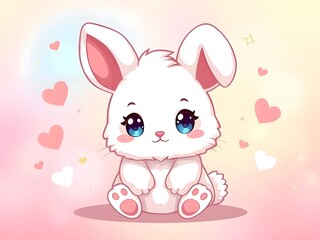 Adorable Kawaii Bunny with Sparkling Eyes and Hearts on Soft Pastel Background