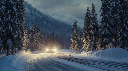 A car drives on a snowy mountain road in winter time