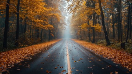 A misty road passes through a golden autumn forest landscape