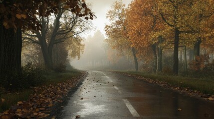 Obraz premium An autumn road winds through a foggy forest landscape scene