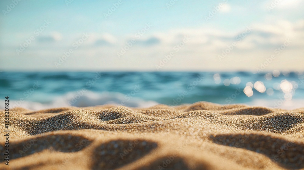 Poster close-up view of soft sand with blurred sea and sky background