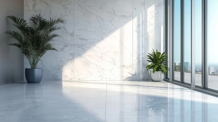 Floor tiles complement the bright and airy ambiance of this marble room design.