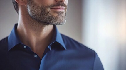 Modern businessman exudes confidence and professionalism in a deep blue shirt.