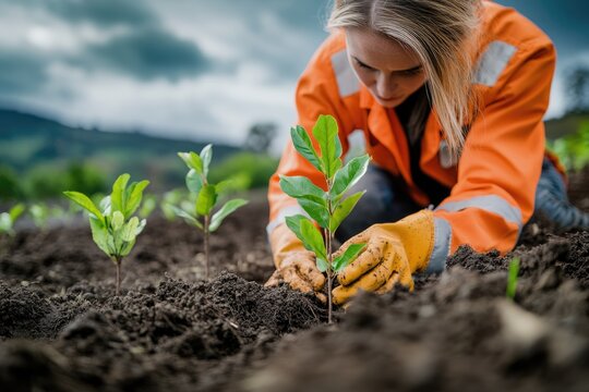 A woman carefully plants a sapling in rich soil, contributing to reforestation efforts.