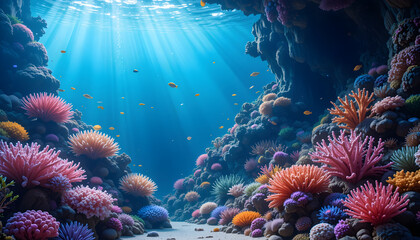 Obraz premium Underwater Paradise: A vibrant coral reef teeming with life and bathed in ethereal sunlight, revealing a mesmerizing underwater world.