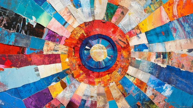 Colorful mosaic bursts from central circle point.