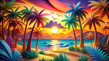 Beach Scene Paper Cut Palm Trees Vivid Colors