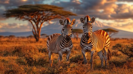 Obraz premium Two curious graceful mature zebras near traditional tree in the African savannah , sundown. 
