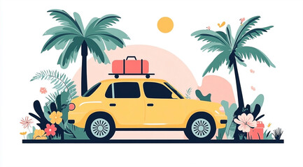 A vibrant yellow car with luggage on top is ready for an adventure in a tropical paradise