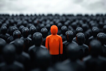 Fototapeta premium Bright Orange Figure Standing Out Among Black Silhouetted Crowd