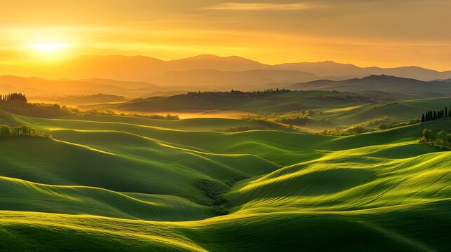 1. **A breathtaking view of rolling green hills under a golden sunrise**