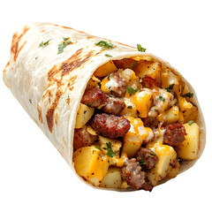A Hearty Breakfast Burrito with Potatoes Eggs Sausage Isolated on Transparent Background