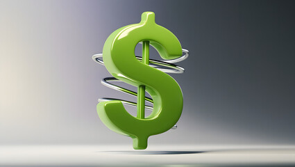 Green 3D dollar sign with silver spiral detail on a gradient background symbolizing finance, wealth, growth, and investment

