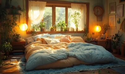 Sunlit Bedroom with Plants and Cozy Bed