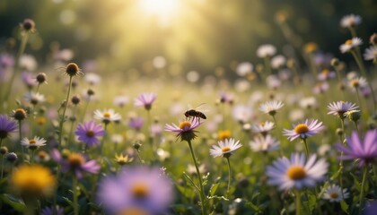 Golden Hour Bee on Purple and White Wildflowers in a Meadow