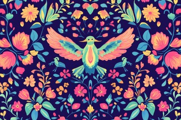 Vibrant floral and bird pattern