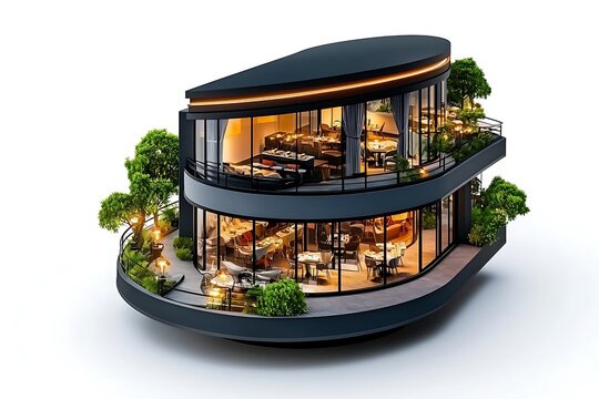 Dine elevated isometric upscale rooftop restaurant with panoramic views in urban oasis