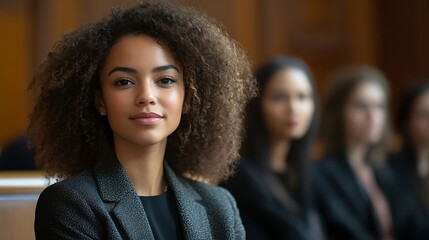 Young woman lawyer in courtroom. Professional and determined female legal expert representing justice and fairness. Advocating for gender diversity in law. International Day of Women Judges concept