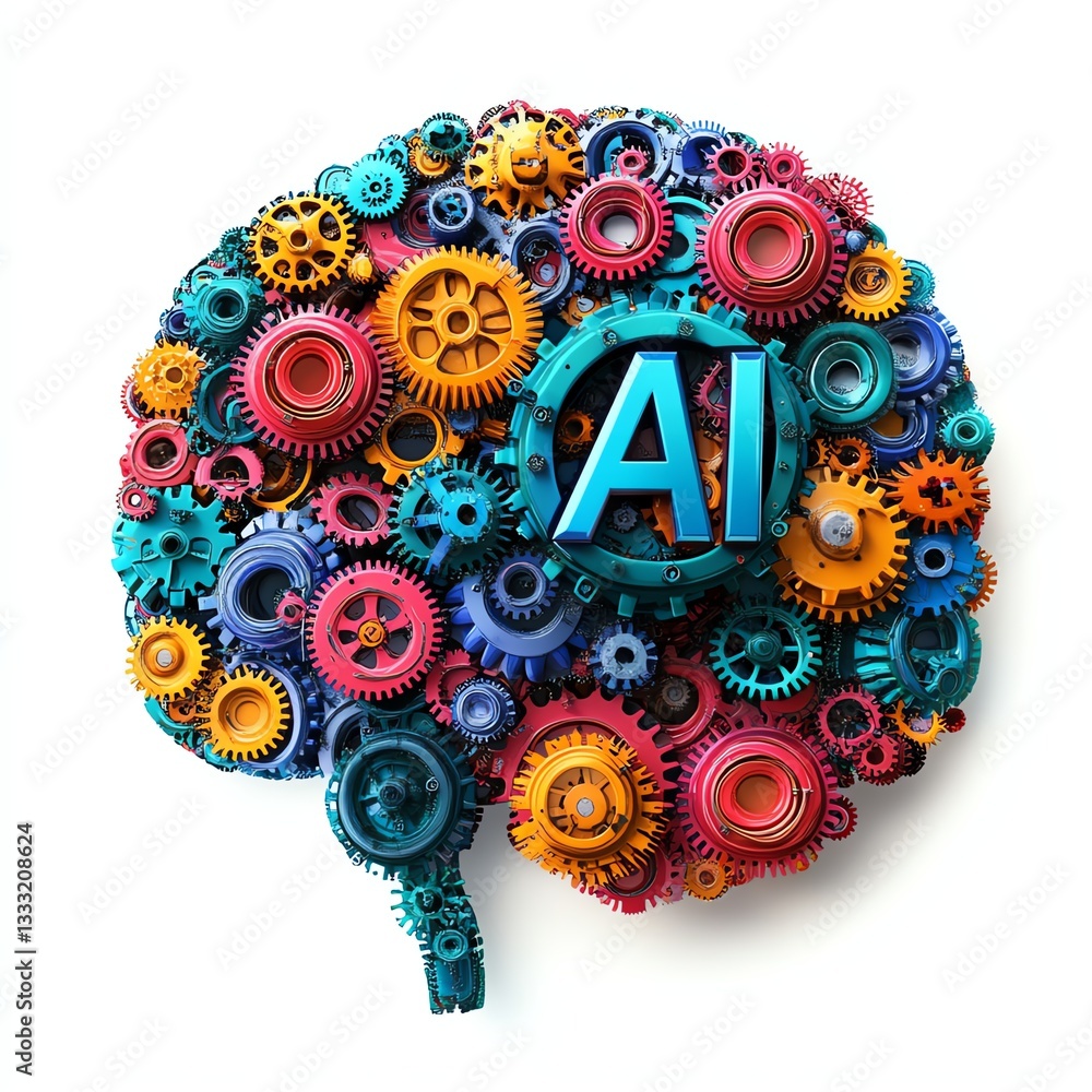 Poster brain-shaped design filled with colorful interlocking gears, featuring prominent ai text in the cent