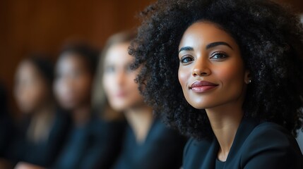 Diverse women in courtroom. Group of female legal professionals in black robes. Symbol of gender equality in law. Justice and empowerment theme. International Day of Women Judges