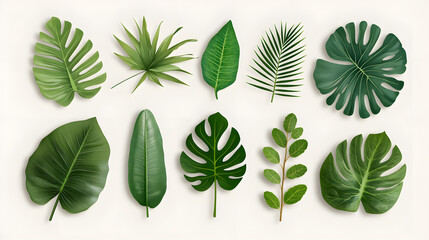 Fototapeta premium Collection of Various Tropical Green Leaves on Neutral Background