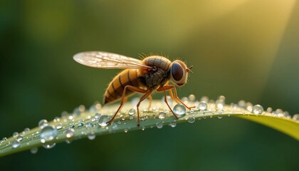 Golden Hoverfly on Dew Covered Blade of Grass at Sunrise Macro Photography