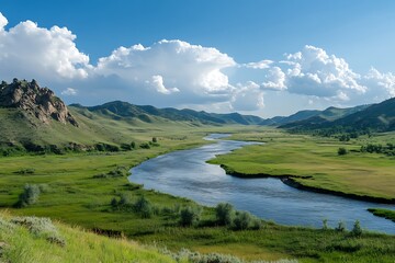 Obraz premium Beautiful summer landscape with river and blue sky. Ukraine, Europe.