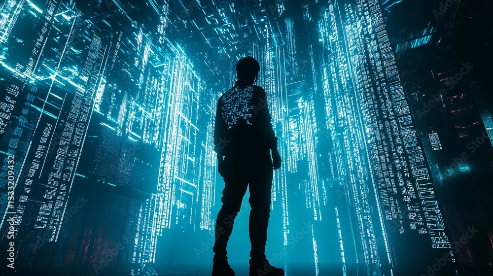 Poster digital entity in futuristic environment with glowing data streams