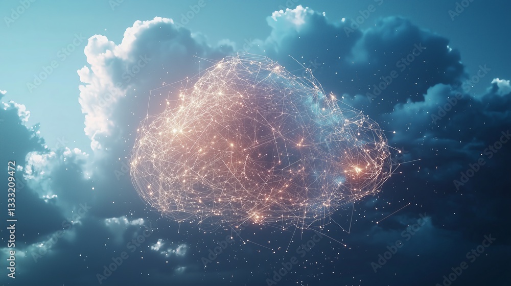 Poster digital cloud forming vast network of connections and data nodes