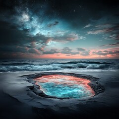 Fototapeta premium Glowing Teal Pool on Sandy Beach Under Starlit Night Sky