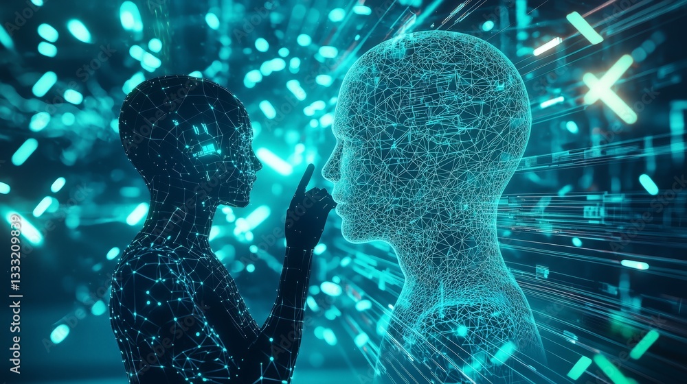 Poster futuristic ai interface with human and digital interaction